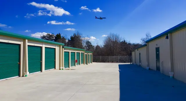 Exterior view and sky view of outdoor storage units at American Flag Storage Inman Road.