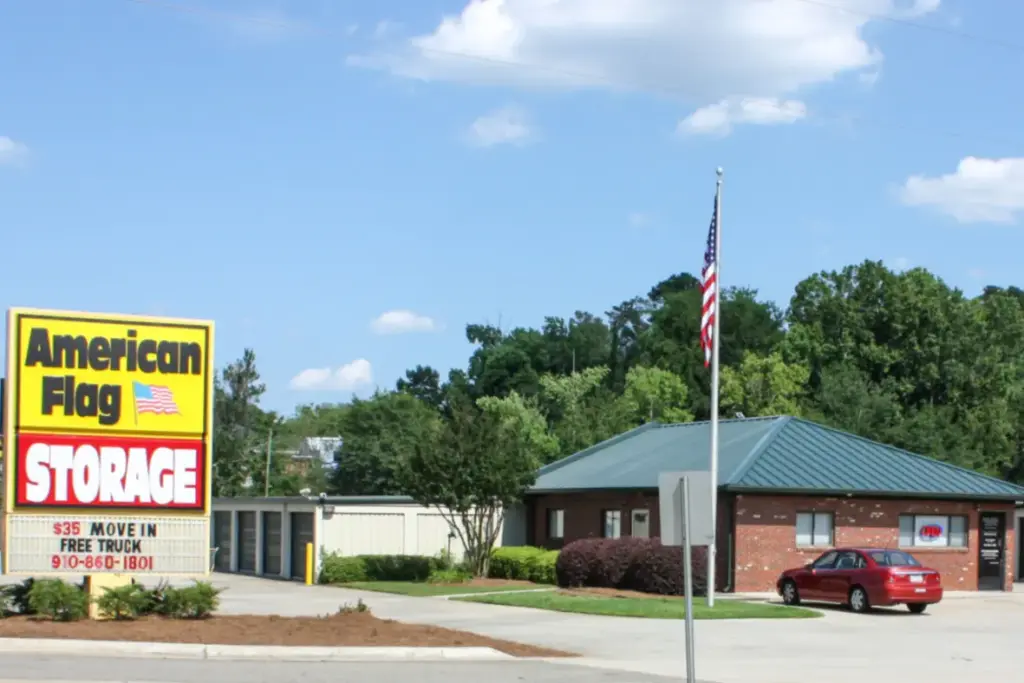 Widened View of signage for American Flag Storage Raeford.